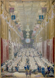 Veduta della cena del sindaco alla Guildhall, Città di Londra, 1828 da George Scharf
