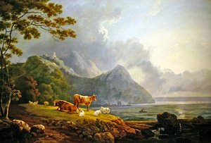 Un ampio paesaggio con pecore e mucche