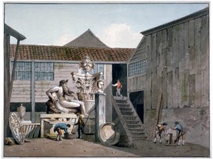 Cortile della fabbrica di pietra Coade in Narrow Wall Street, Lambeth, Londra, c. 1800