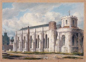Veduta della Temple Church dal cimitero, Città di Londra, 1811 da George Shepherd