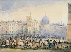 Vista del Mercato di Smithfield con figure e animali, Città di Londra, 1824