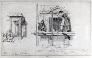 Costruzione di portici a Newham Street e Middlesex Hospital, Londra