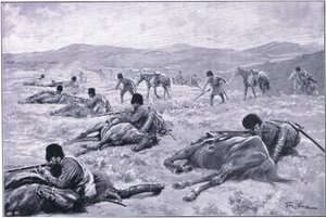 Un cosacco e il suo cavallo: un dispositivo per garantire copertura durante uno scontro, illustrazione da Cassells History of the Russo-Japanese War Vol 1, c.1900 da George Soper