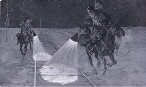 Su una ferrovia manciuriana: Pattuglia notturna, illustrazione da Cassells History of the Russo-Japanese War Vol 1, c.1900 da George Soper