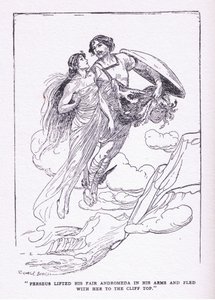 Perseo sollevò la sua bella Andromeda tra le braccia e fuggì con lei verso le cime delle scogliere, da Gli Eroi pubblicato da George Allen e Unwin 1929 da George Soper