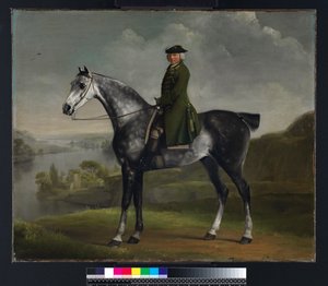 Joseph Smyth Esquire, tenente della foresta di Whittlebury, Northamptonshire, su un cavallo grigio pomellato, c.1762-64 da George Stubbs