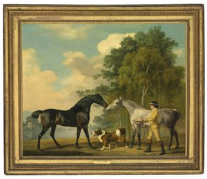 Due cacciatori con un giovane stalliere e un cane vicino a un lago, 1778 da George Stubbs