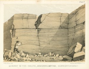 Cava di oolite, Minchinhampton, Gloucestershire (incisione a colori)