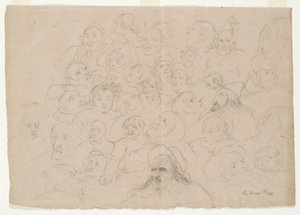 Senza titolo - Numerosi schizzi di ritratti, disegnati approssimativamente, di uomini, donne e bambini da George Whiting Flagg