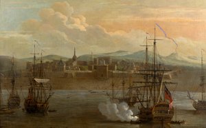 Dipinto del Forte St George a Madras, India. Nel 1731. Forte militare e porto con navi. Cannone della nave in azione. Fumo. Battaglia da George and Scott Samuel (1710 72) Lambert