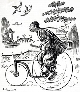Cartone animato che raffigura un uomo cinese che guida un triciclo in un parco in Cina da George du Maurier