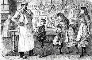 Un cartone animato che raffigura un cuoco che prende ordini dai bambini della casa. Illustrato da George du Maurier (1834-1896) un vignettista e autore franco-britannico da George du Maurier
