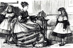 Un fumetto che raffigura una giovane madre che usa una macchina da cucire. Illustrato da George du Maurier (1834-1896) un fumettista e autore franco-britannico