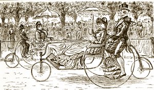 Incisione che raffigura passeggeri che viaggiano in carrozze a bicicletta da George du Maurier