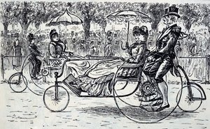 Incisione che raffigura passeggeri che viaggiano in carrozze a bicicletta da George du Maurier