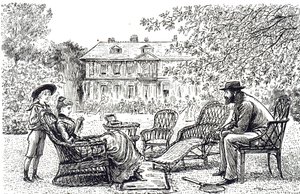 Incisione che raffigura mobili tipici in vimini. Illustrato da George du Maurier