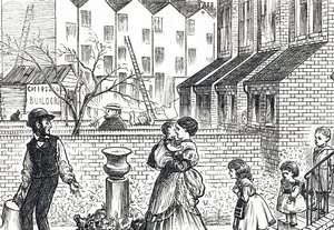 Cartone che commenta la rapida espansione urbana e la costruzione di edifici scadenti