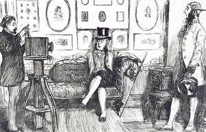 Fumetto che commenta il disagio sofferto quando si fa una fotografia: A causa della lunga esposizione necessaria per i primi processi, il soggetto doveva mantenere una posa per molto tempo e furono prodotti dispositivi ingegnosi per mantenere le persone fe da George du Maurier