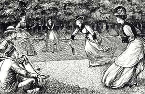 Cartone animato che raffigura una partita di tennis su prato da George du Maurier