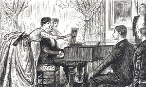Cartone animato che raffigura una serata musicale a casa da George du Maurier