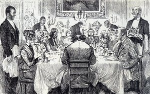 Cartone animato che raffigura una serata elegante in una casa vittoriana