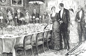 Cartone animato intitolato "Andando a Cena" che raffigura una giovane coppia che entra in una sala da pranzo da George du Maurier