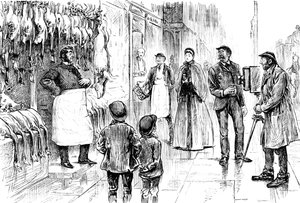 Incisione che raffigura un macellaio e pollivendolo fotografato davanti alla sua esposizione natalizia da George du Maurier. George du Maurier (1834-1896) un caricaturista e autore franco-britannico. Datato XIX secolo