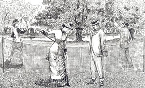 Incisione che raffigura una giocatrice di tennis a disagio a causa delle sue nuove scarpe di gomma da George du Maurier