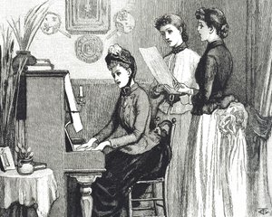 Incisione che raffigura giovani donne che cantano nel salotto