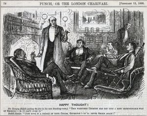 Gentiluomini riuniti nella sala fumatori che fumano i loro sigari dopo cena. Cartone animato di George du Maurier da Punch, Londra 1886 da George du Maurier