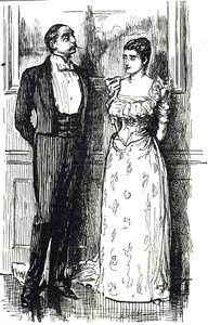 Cartone di Georges du Maurier che illustra un uomo e una donna in conversazione a un evento sociale, Inghilterra 1891 da George du Maurier