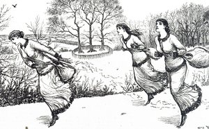 Illustrazione che raffigura ragazze che tracciano il percorso per la lepre e i cani da George du Maurier