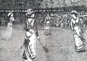 Signore che giocano a tennis sul prato da George du Maurier