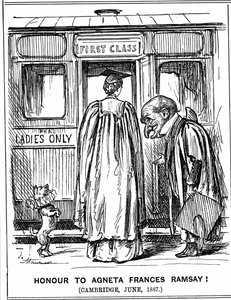 Mr Punch si inchina ad Agneta Frances Ramsay che ha superato con lode gli esami, ma non ha potuto ricevere una laurea poiché Cambridge non le assegnava alle donne in quel periodo. George du Maurier cartone da Punch, Londra, 2 luglio 1887. Incisione da George du Maurier