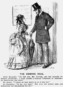 La razza futura. Il chirurgo del futuro. Cartone animato di George du Maurier da Punch, Londra, 14 settembre 1872, che mostra l