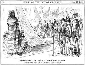 Il vecchio argomento evolutivo su Natura o Cultura. Sarebbe una persona coraggiosa quella che giungerebbe a una conclusione su questa prova. Cartone animato di George du Maurier da Punch, Londra da George du Maurier