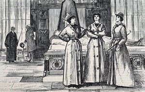 Tre donne che indossano cappotti lunghi, in un museo da George du Maurier