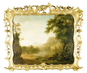 Paesaggio fluviale italianizzato con figure in primo piano e un villaggio oltre