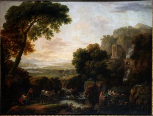 Paesaggio italianizzante con una veduta capricciosa di Tivoli, un pastore e una pastorella e bestiame da George the Elder Barret