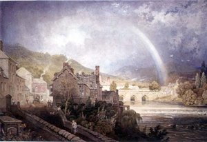 Villaggio e ponte di Llangollen, Galles del Nord, con effetto arcobaleno da George the Younger Barret