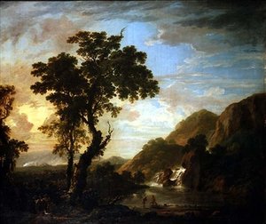 Paesaggio fluviale boscoso con figure in primo piano e cascata sullo sfondo da George the Younger Barret