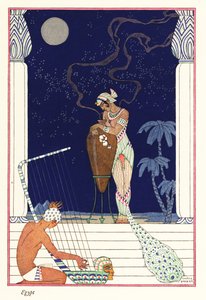 Una regina annusa la fragranza bruciata, antico Egitto da Georges Barbier
