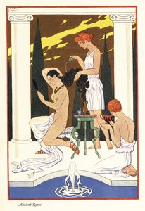 Una schiava versa olio profumato sui capelli della sua padrona, antica Roma da Georges Barbier