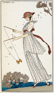 Una donna che indossa un vestito di lino bianco stampato, giocando con un giocattolo da Georges Barbier