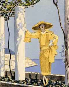 Amalfi, illustrazione di una donna in un vestito giallo di Worth da Georges Barbier