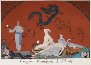 Chez la Marchande de Pasots. Persone, alcune nude, sdraiate in una stanza. Decorazione cinese.