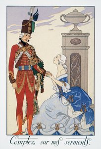 Comptez sur mes serments (Sarò fedele a te), ussaro ungherese, litografia di George Barbier (1882-1932), da Falbalas et Fanfreluches, Almanach des Modes Presentes, Passees et Futures da Georges Barbier