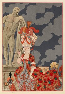 Cortège. Una donna attraente che indossa un vestito rosso e un cappello elaborato. Un piccolo scimmia e un ragazzo. da Georges Barbier