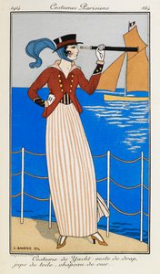 Costume da yacht: giacca di stoffa, gonna di lino, cappello di cuoio. Una donna che indossa un costume da yacht: una giacca di stoffa rossa, una gonna di lino a righe, un cappello di cuoio e una sciarpa blu. Sta usando un telescopio, puntando verso la barc da Georges Barbier