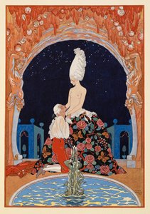 Nella Grotta. Un uomo inginocchiato davanti a una donna seminuda, vicino a una fontana. da Georges Barbier